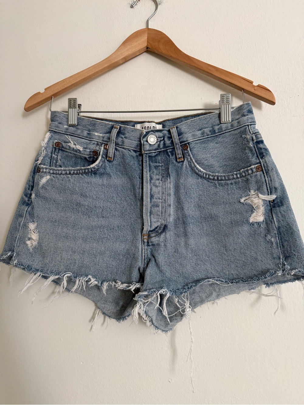 Agolde Light Blue Distressed Denim Shorts